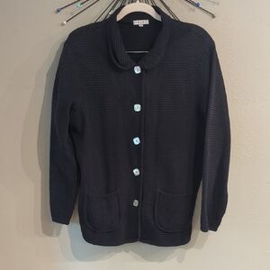Focus USA Black Large Sweater Full Button Down Lagenlook Minimalist Waffle Knit